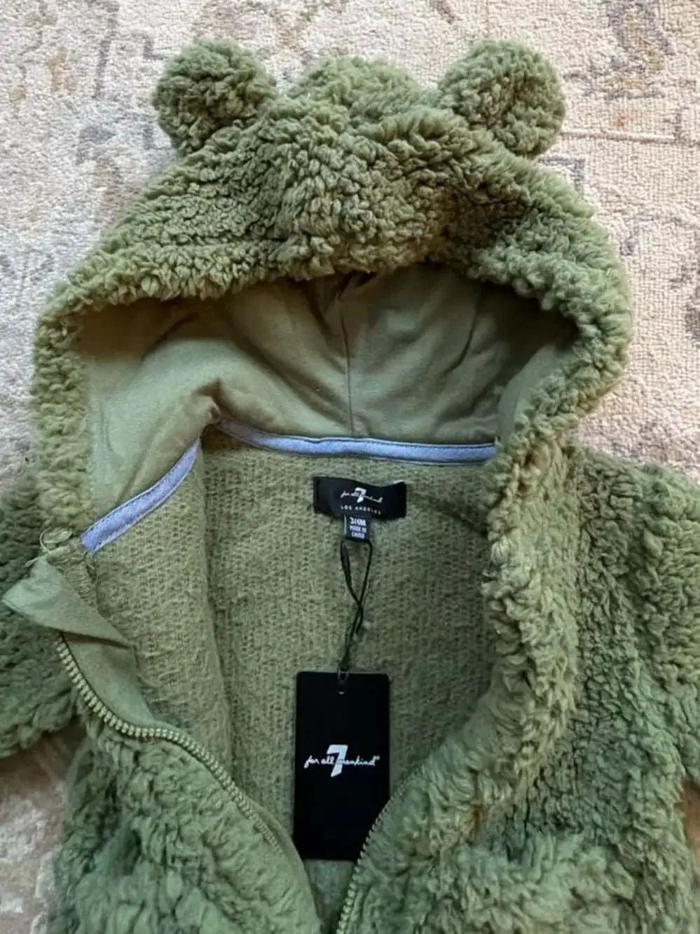 7 For All Mankind Olivine Sherpa Fleece Bear Ear Hooded Baby Jacket Size 3/6M